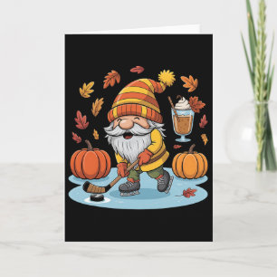 Cute Gnome With Ice Hockey And Pumpkin Spice Fall Card