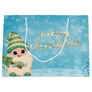 Cute Gnome With Pine Tree Holiday Large Gift Bag
