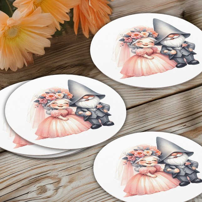 Cute Gnome Woodland Garden Orange Wedding Round Paper Coaster (Creator Uploaded)