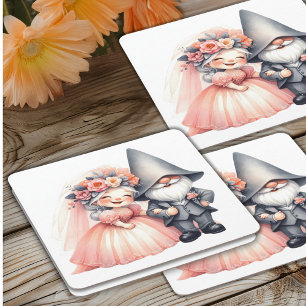 Cute Gnome Woodland Garden Orange Wedding Square Paper Coaster