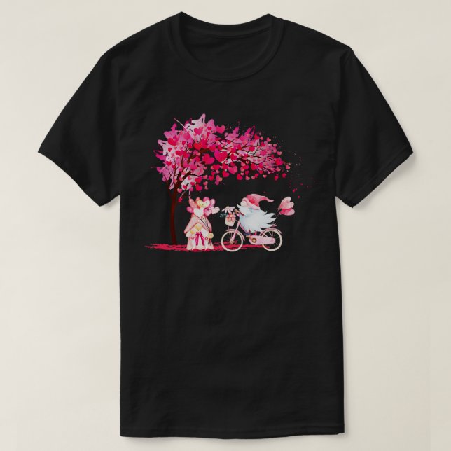 Cute Gnomes Bicycle Driving Love Hearts Valentines T-Shirt (Design Front)