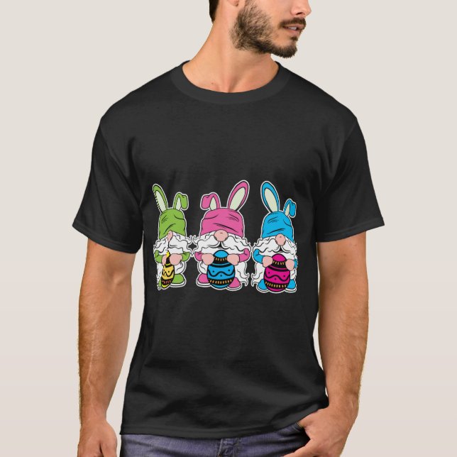 Cute Gnomes Bunny Easter Egg Hunting T-Shirt (Front)