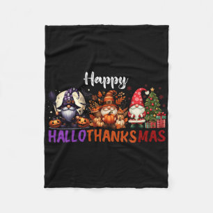Cute Gnomes Happy Hallothanksmas Halloween Thanksg Fleece Blanket