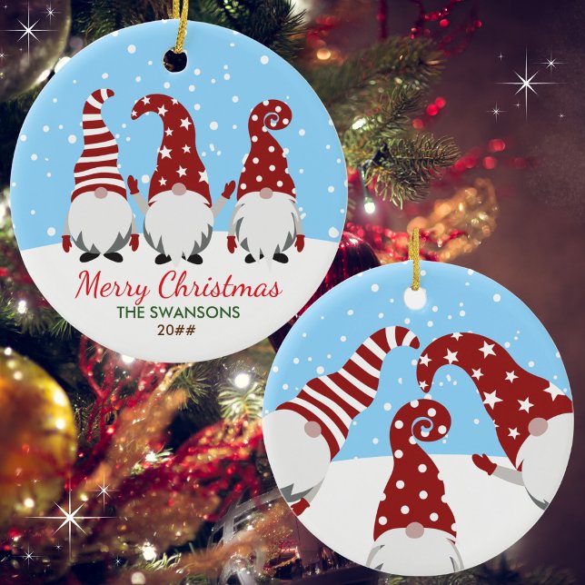 Cute Gnomes Merry Christmas Personalised Ceramic Ornament (Available in multiple shapes and types of ornaments. Customize with name & year. Merry Christmas!)
