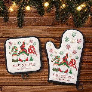 Cute Gnomes Merry Christmas Personalised Oven Mitt & Pot Holder Set