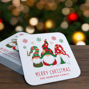 Cute Gnomes Merry Christmas Square Paper Coaster