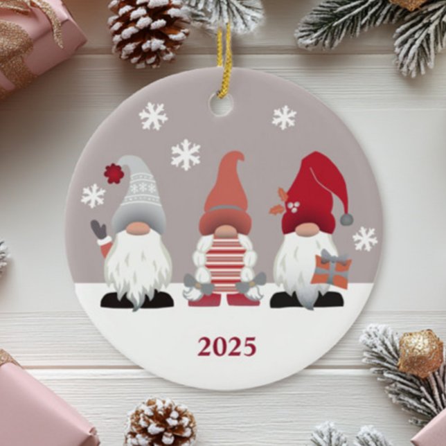 Cute Gnomes Nordic Red Pink Grey White Ceramic Ornament (Creator Uploaded)