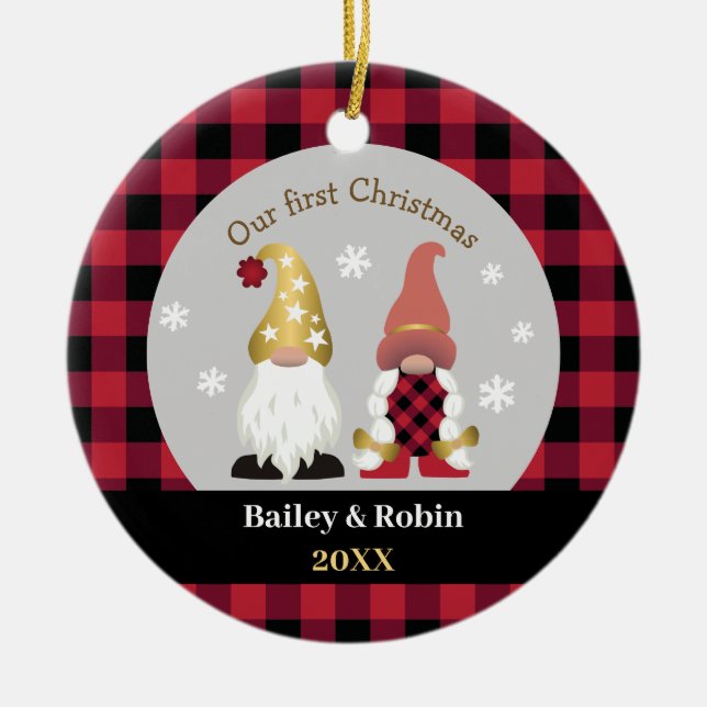 Cute Gnomes Our First Christmas Buffalo Plaid Cera Ceramic Ornament (Front)