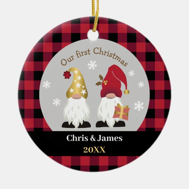 Cute Gnomes Our First Christmas Buffalo Plaid Ceramic Ornament (Front)