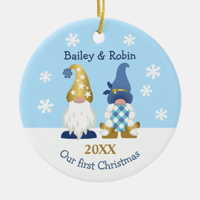 Cute Gnomes Our First Christmas Gold Blue Gingham Ceramic Ornament (Front)