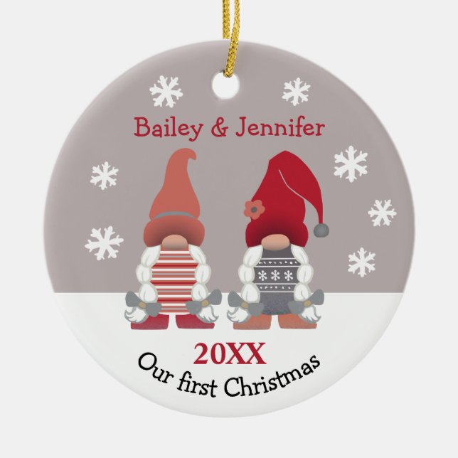Cute Gnomes Our First Christmas Red Pink Grey Ceramic Ornament (Front)