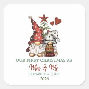 Cute Gnomes Pine Tree Our First Christmas  Square Sticker