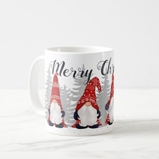 Cute Gnomes Red Hats Merry Christmas Script 11oz Coffee Mug (Front Left)
