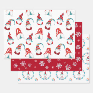 Cute Gnomes Snowflakes Floral Wreath Custom Name Wrapping Paper Sheet