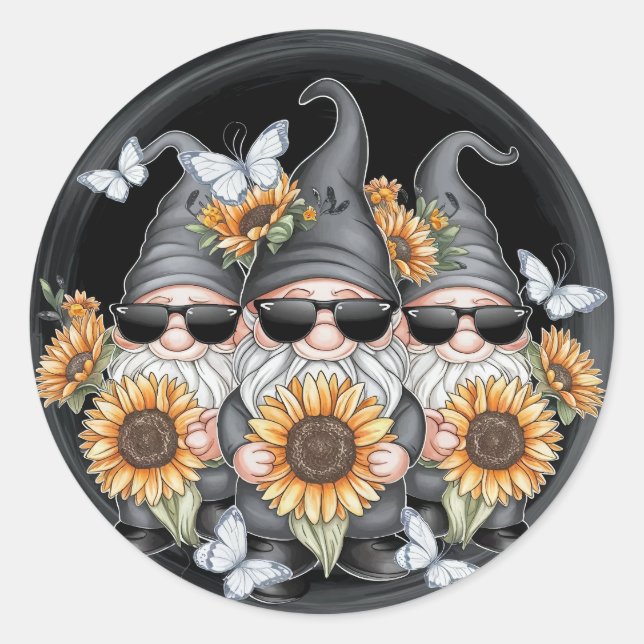 Cute Gnomes Sunflower With Butterfly Flower Flora Classic Round Sticker (Front)