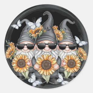 Cute Gnomes Sunflower With Butterfly Flower Flora Classic Round Sticker