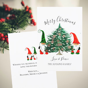 Cute Gnomes Watercolor Merry Christmas Tree Holiday Card