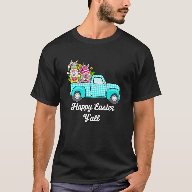 Cute Gnomes With Bunny Ears Egg Hunting Truck East T-Shirt (Front)