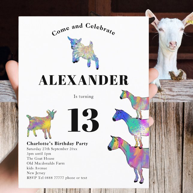 Cute Goat Animal Themed Birthday Party Invitation Postcard (Cute goats colorful animal art 13th birthday party budget invitation postcard)