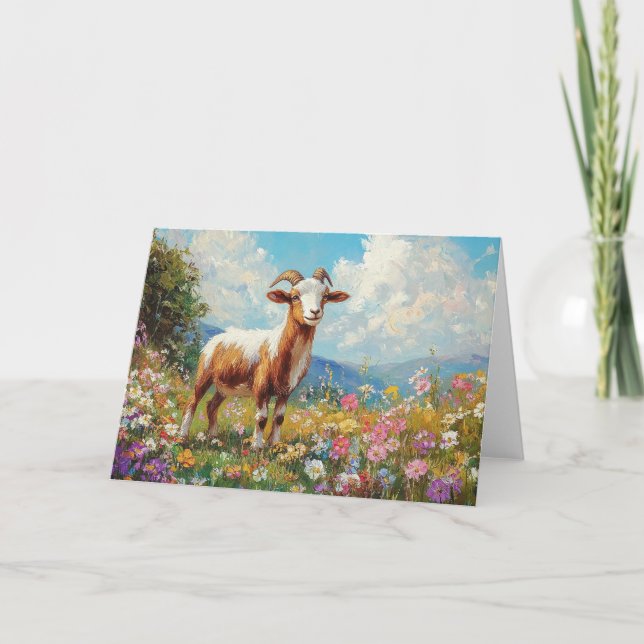 Cute Goat Colourful Wildflower Meadow Card (Front)