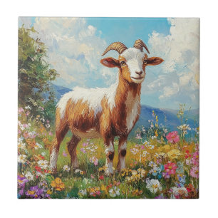 Cute Goat Colourful Wildflower Meadow Ceramic Tile