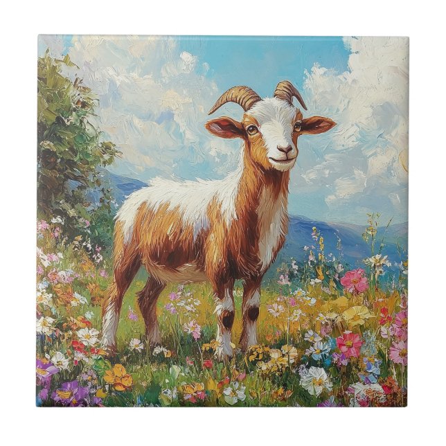 Cute Goat Colourful Wildflower Meadow Ceramic Tile (Front)