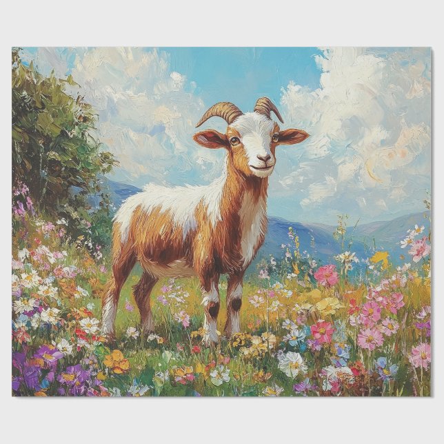 Cute Goat Colourful Wildflower Meadow Decoupage Wrapping Paper (Flat)