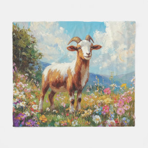 Cute Goat Colourful Wildflower Meadow Fleece Blanket