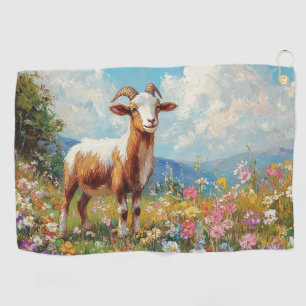 Cute Goat Colourful Wildflower Meadow Golf Towel