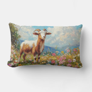 Cute Goat Colourful Wildflower Meadow Lumbar Cushion