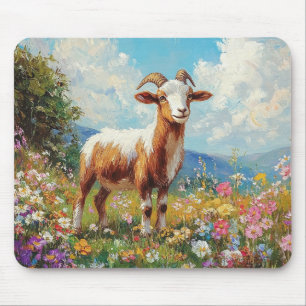 Cute Goat Colourful Wildflower Meadow Mouse Pad