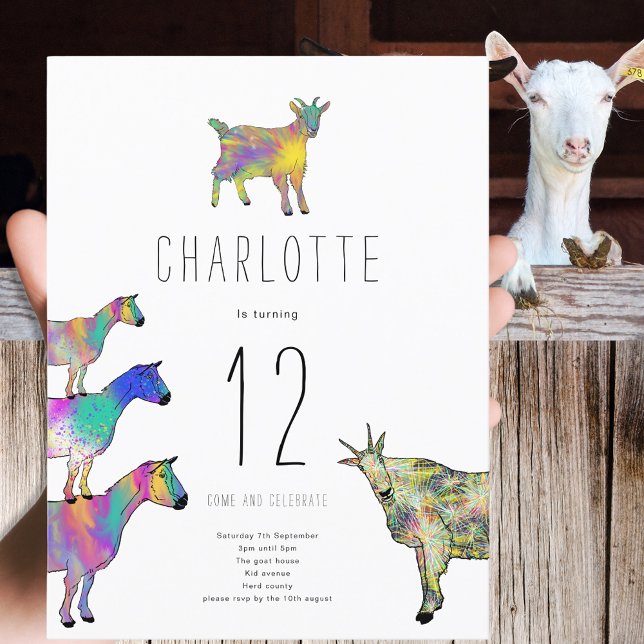 Cute Goat Farm Animal 12th Birthday Party Budget Invitation Postcard (Cute goats colorful farm animal watercolor art 12th birthday party budget invitation postcard)