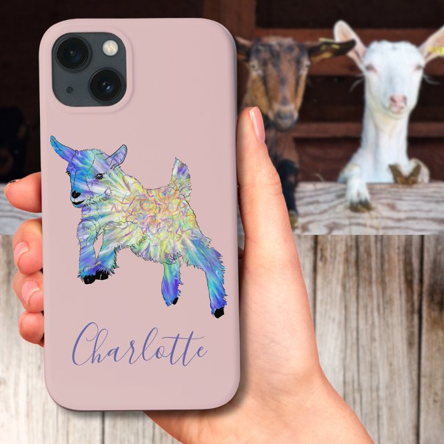 Cute Goat Jumping illustration Name Case-Mate iPhone Case (Cute baby goat jumping illustration pink mobile phone case with personalized name)