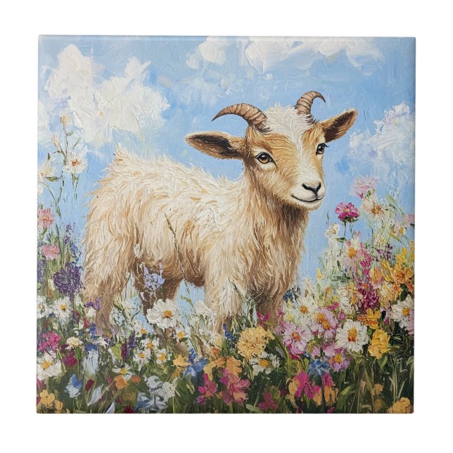 Cute Goat Surrounded By Wildflowers Ceramic Tile (Front)