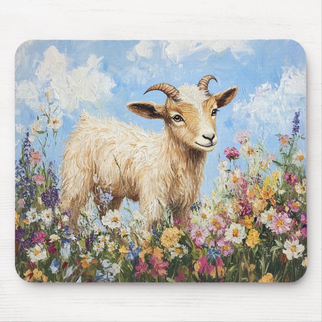 Cute Goat Surrounded By Wildflowers Mouse Pad (Front)