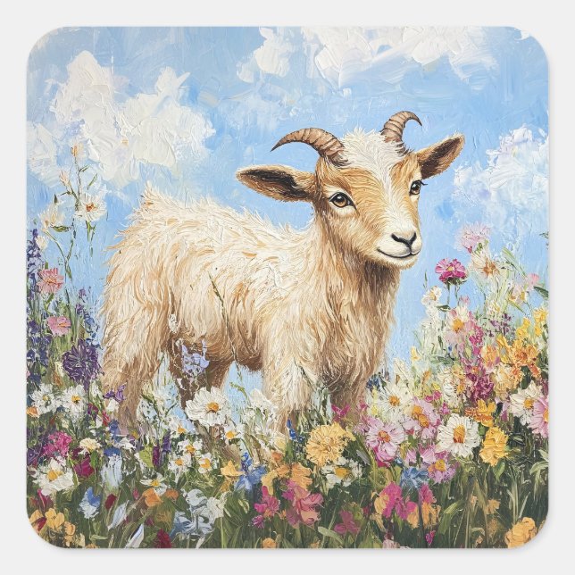 Cute Goat Surrounded By Wildflowers Square Sticker (Front)