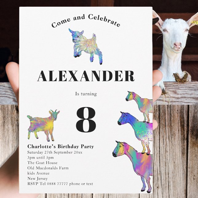 Cute Goats Colourful Farm Animal 8th Birthday Part Invitation (Cute goats colorful farm animal watercolor art 8th birthday party invitation)