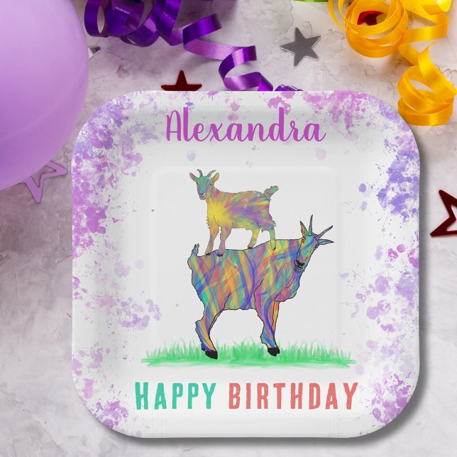 Cute Goats Farm Animal Art Birthday Party Paper Plate (Cute goats farm animal art happy birthday party custom name paper plates colorful watercolor )