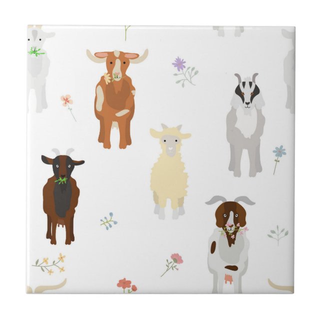 Cute Goats Farm Animals Kids Seamless Pattern Ceramic Tile (Front)
