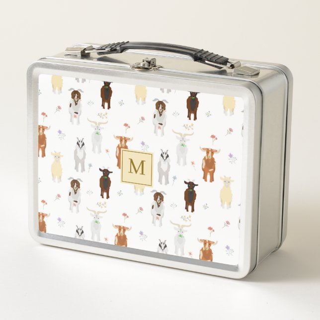 Cute Goats Farm Animals Monogrammed Metal Lunch Box (Front)