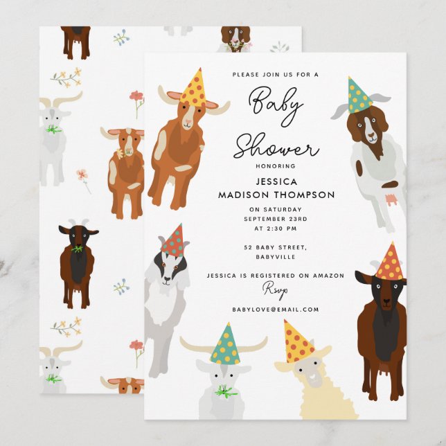 Cute Goats Farm Party Animals Goat Baby Shower Invitation (Front/Back)
