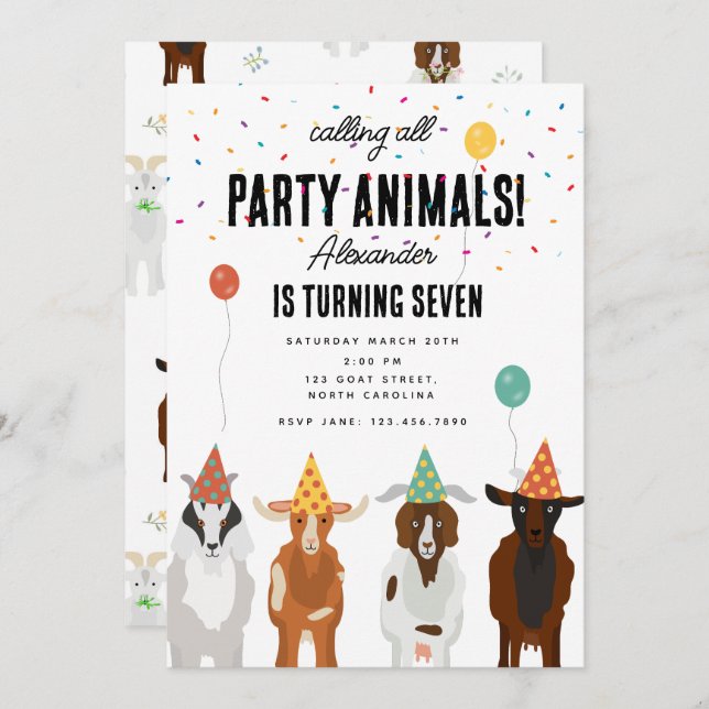 Cute Goats Farm Party Animals Goat Birthday Theme Invitation (Front/Back)