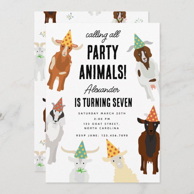 Cute Goats Farm Party Animals Goat Birthday Theme Invitation (Front/Back)