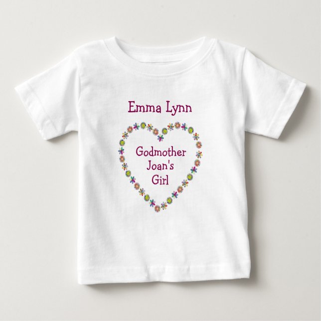Cute Godmother's Girl Flower Heart Personalise  Baby T-Shirt (Front)