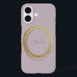 Cute Gold Abstract Circle Design in Lilac Name iPhone 16 Case<br><div class="desc">An abstract scribble circle design in faux gold on a light lilac purple background personalised with your name in grey modern lettering. Just click customise to change the background colour. Contact me with any questions or requests.</div>