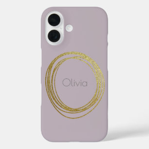 Cute Gold Abstract Circle Design in Lilac Name iPhone 16 Case