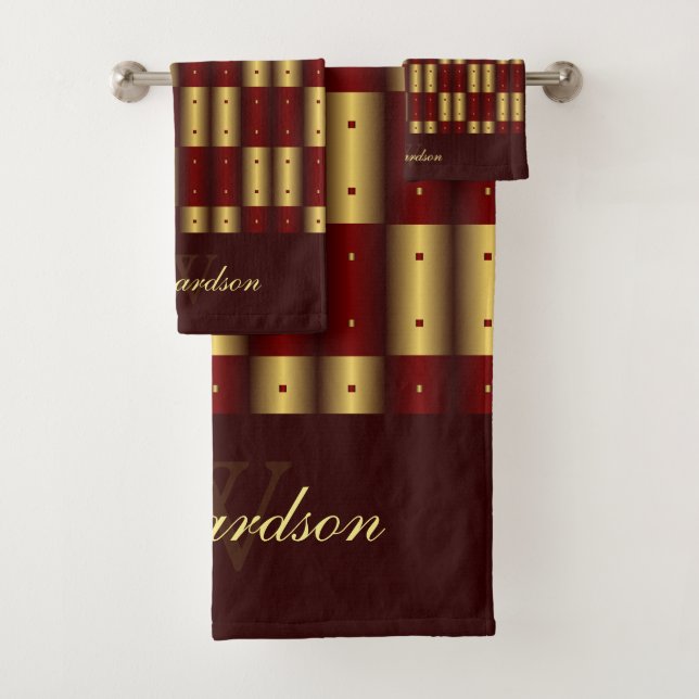 Cute Gold And Burgundy Chequered Monogrammed Bath Towel Set (Insitu)