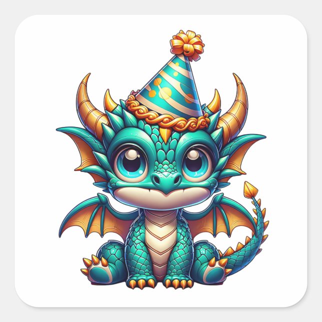 Cute Gold and Teal Dragon Boy's Birthday Party Square Sticker (Front)