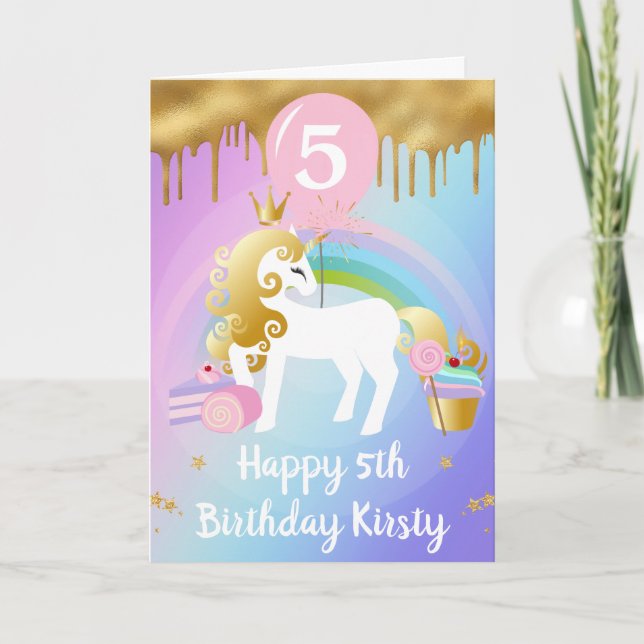 Cute Gold and White Unicorn Sweets Birthday Card (Front)