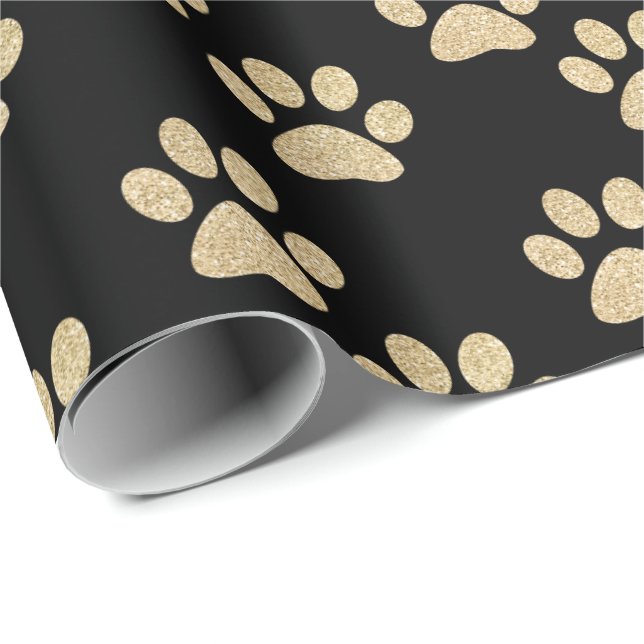 Cute Gold Black Glitter Paw Prints Pet Lovers Wrapping Paper (Roll Corner)